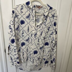 Mermaid Print Button Down Shirt - Blue & White